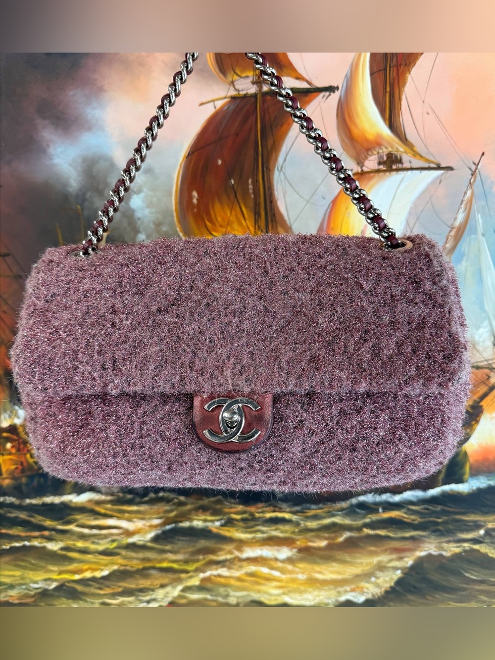 Chanel CC Chain Flap Bag Pink Quilted Knit Pluto Glitter Medium - Picture 9 of 13